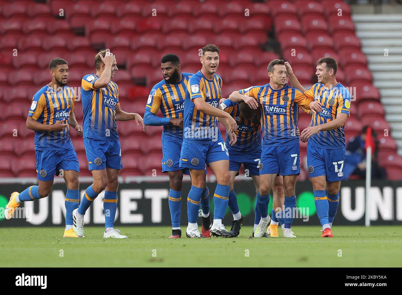 Shrewbury Town's Scott High celebrates after scoring their first goal during the Carabao Cup match between Middlesbrough and Shrewsbury Town at the Riverside Stadium, Middlesbrough, England, on September 4, 2020. (Photo by Mark Fletcher/MI News/NurPhoto) Stock Photo