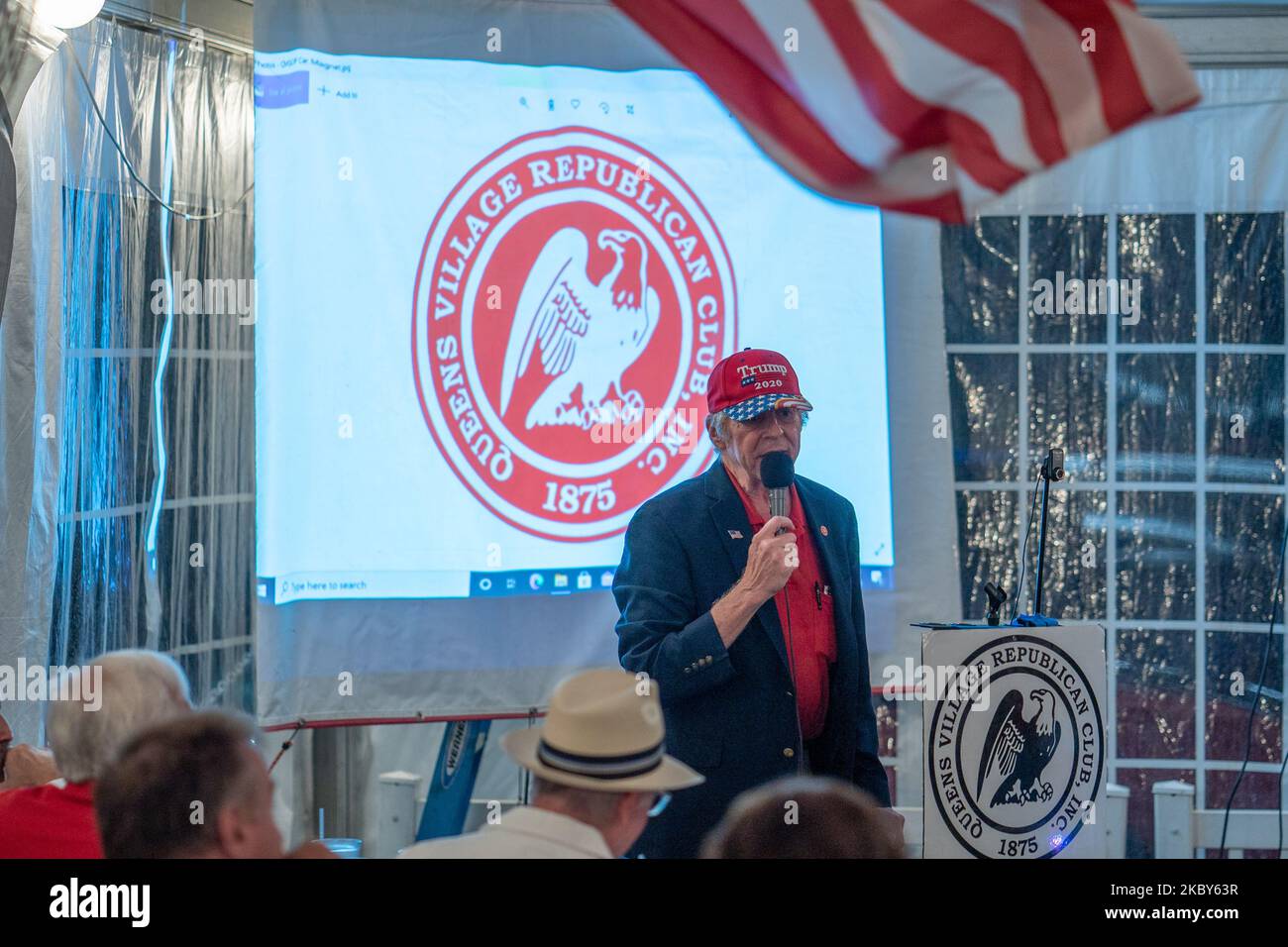 A view of Queens Village Republican Club Inc. logo during a Steve Bannon Speaking Engagement on Zoom with Queens Village Republican Club in Triple Crown Diner, Middle Village, Queens, New York on September 3, 2020. (Photo by John Nacion/NurPhoto) Stock Photo