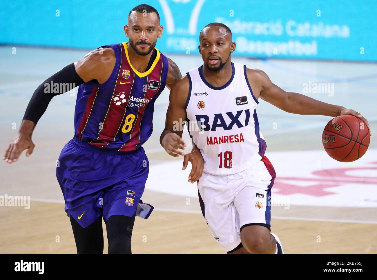 Jonathan Tabu and Adam Hanga during the match between FC Barcelona and Baxi Manresa, corresponding to the semifinal of the Catalan Basketball League, played at the Palau Blaugrana, on 04th September 2020, in Barcelona, Spain. (Photo by Joan Valls/Urbanandsport /NurPhoto) Stock Photo