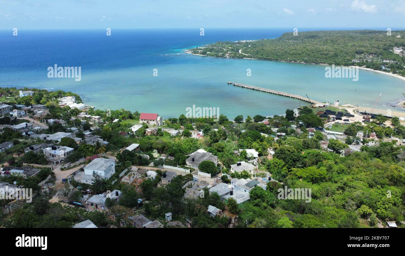 An aerial drone view of Rio Bueno village in Jamaica with a beautiful clear coast Stock Photo Alamy