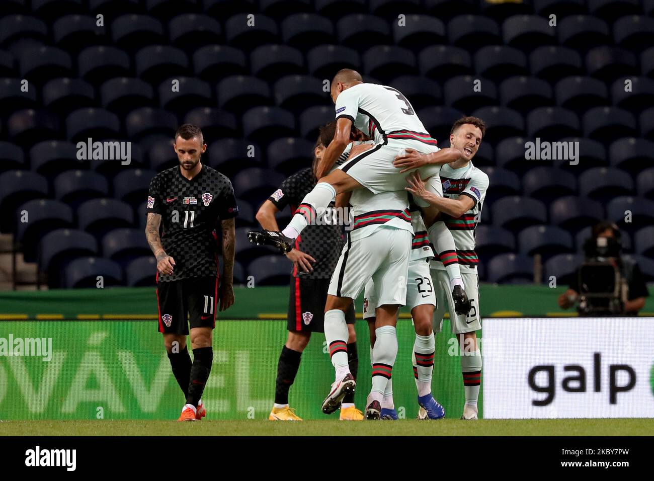 Joao Felix of Portugal celebrates with teammates after scoring during the UEFA Nations League group stage football match between Portugal and Croatia at the Dragao stadium in Porto, Portugal on September 5, 2020. (Photo by Pedro FiÃºza/NurPhoto) Stock Photo