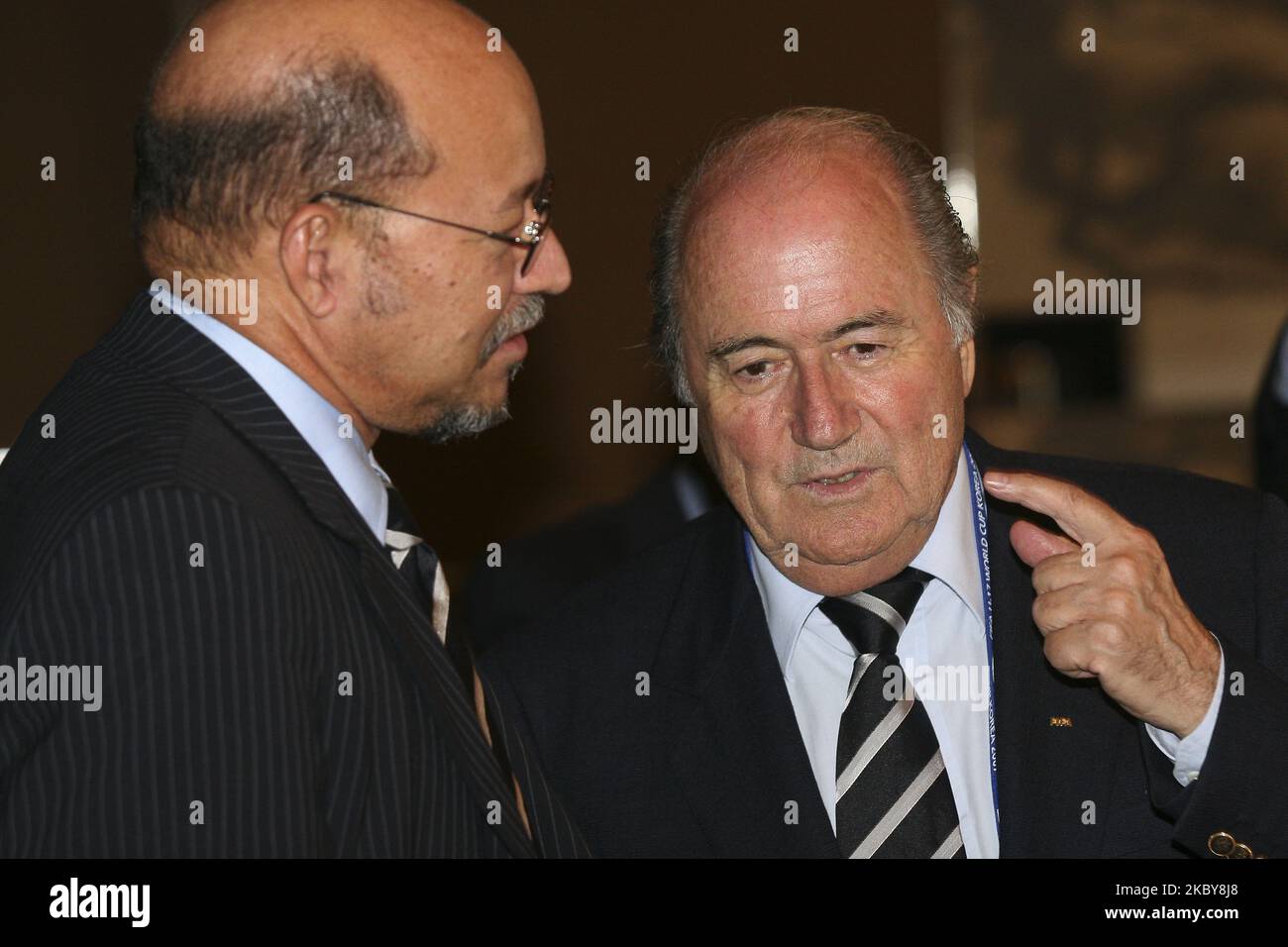 FIFA president Sepp Blatter and AFC president Mohamed bin Hammam talking after organizing committee meeting at FIFA U-17 press conference in Seoul on September 8, 2007, South Korea. (Photo by Seung-il Ryu/NurPhoto) Stock Photo