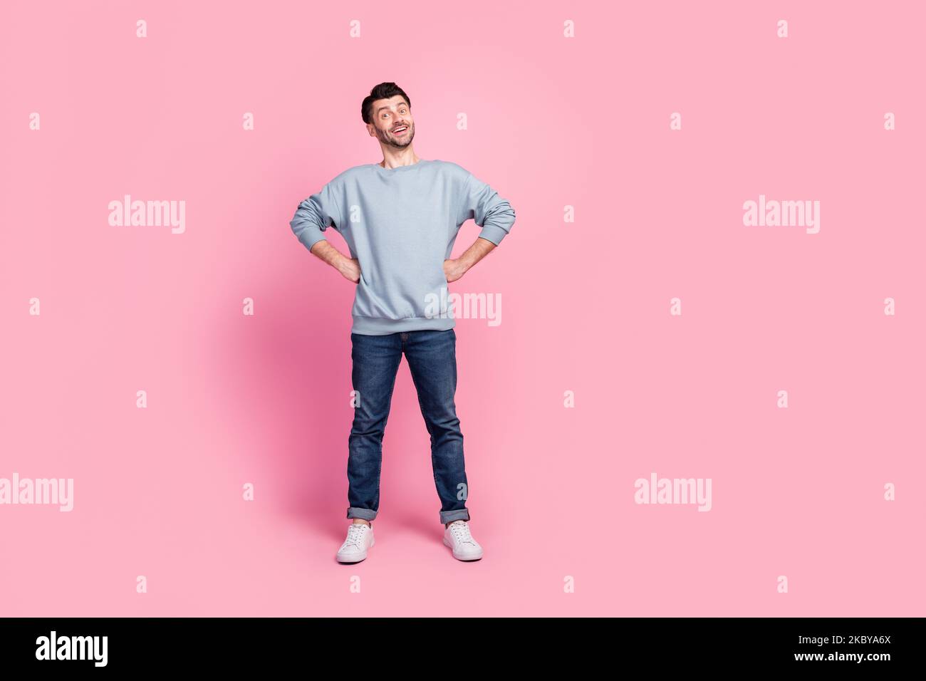 Full size photo of good mood guy feel motivation about his skills isolated on pastel color background Stock Photo