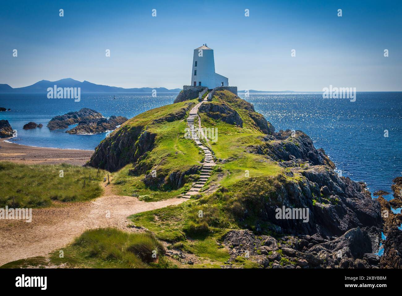 Llanddwyn Island (Ynys Llanddwyn). Anglesey North Wales. Tŵr Mawr lighthouse was modelled on the windmills of Anglesey, was built in 1845. Stock Photo