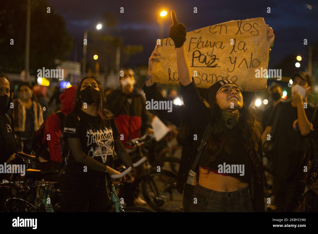 A person protests rejecting the latest massacres in Colombia In Bogota, Colombia, on September 4, 2020. (Photo by Daniel Garzon Herazo/NurPhoto) Stock Photo