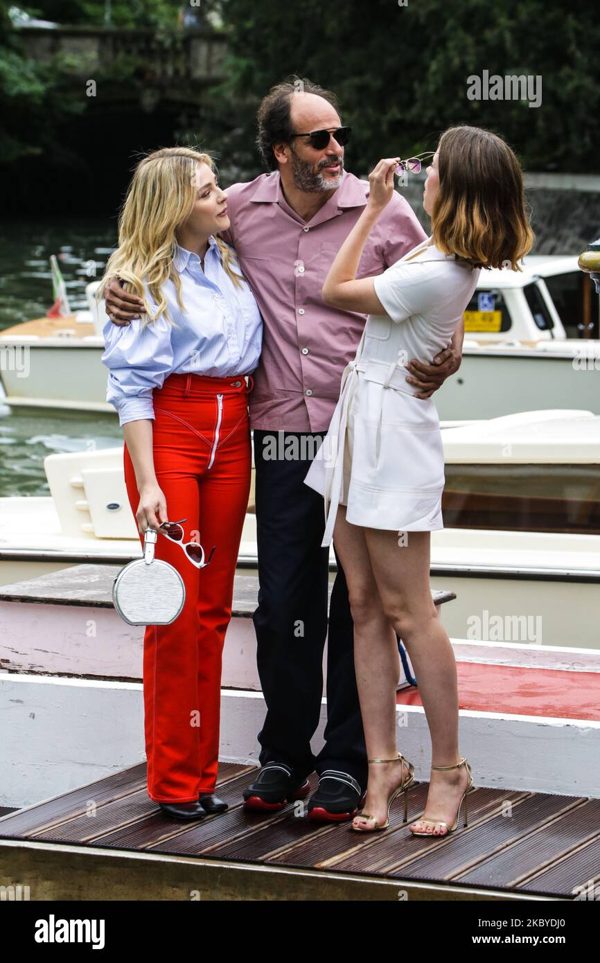 (L-R) Chloe Grace Moretz, Luca Guadagnino and Mia Goth is seen during the 75th Venice Film Festival on September 01, 2018 in Venice, Italy. (Photo by Mairo Cinquetti/NurPhoto) Stock Photo