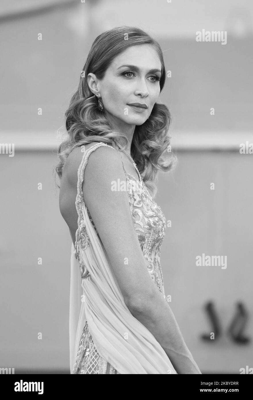 (EDITOR'S NOTE: Image was converted to black and white) Barbara Romer walks the red carpet ahead of the movie ''Notturno'' at the 77th Venice Film Festival on September 08, 2020 in Venice, Italy. (Photo by Matteo Chinellato/NurPhoto) Stock Photo