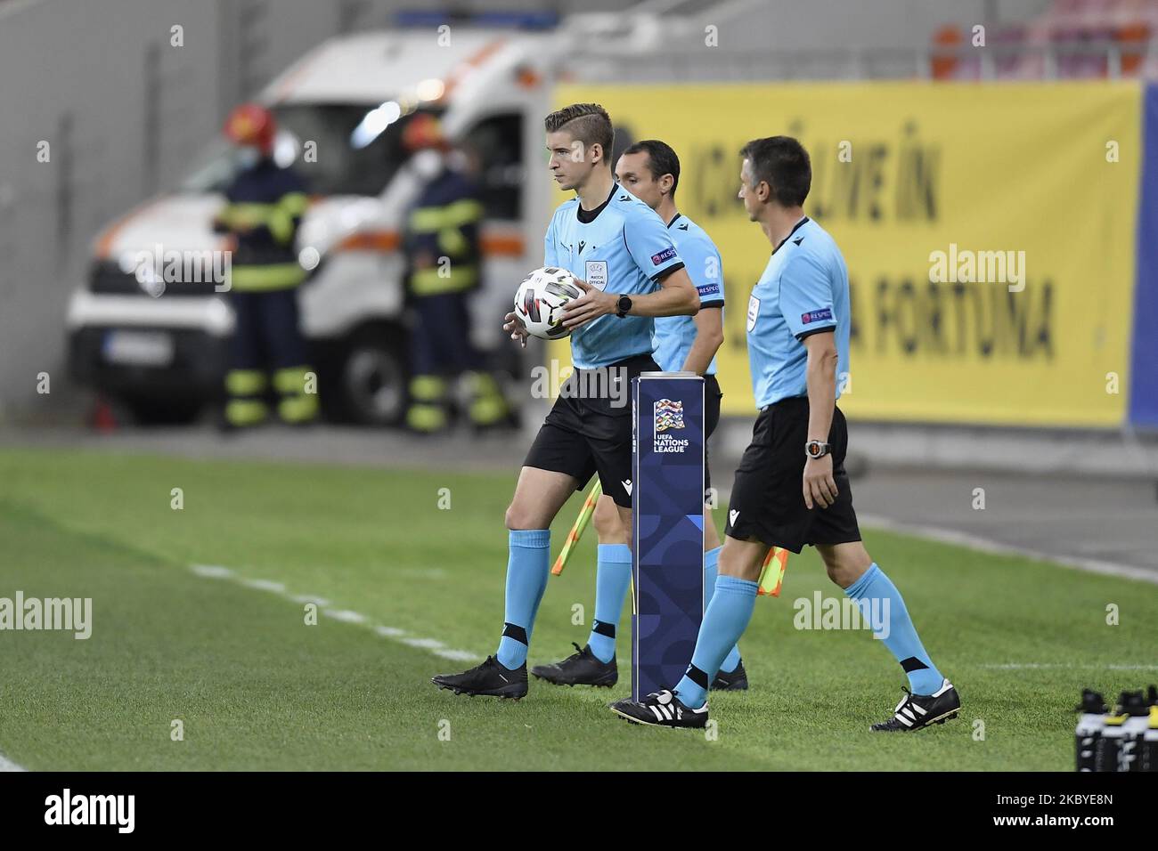 RefereeFrancois Letexier, assistant referee Cyril Mugnier and Nicolas Maurice Danos during UEFA Nations League 2021 match between Romania and Northern Ireland at Arena Nationala, in Bucharest, Romania, on 4 September 2020. (Photo by Alex Nicodim/NurPhoto) Stock Photo
