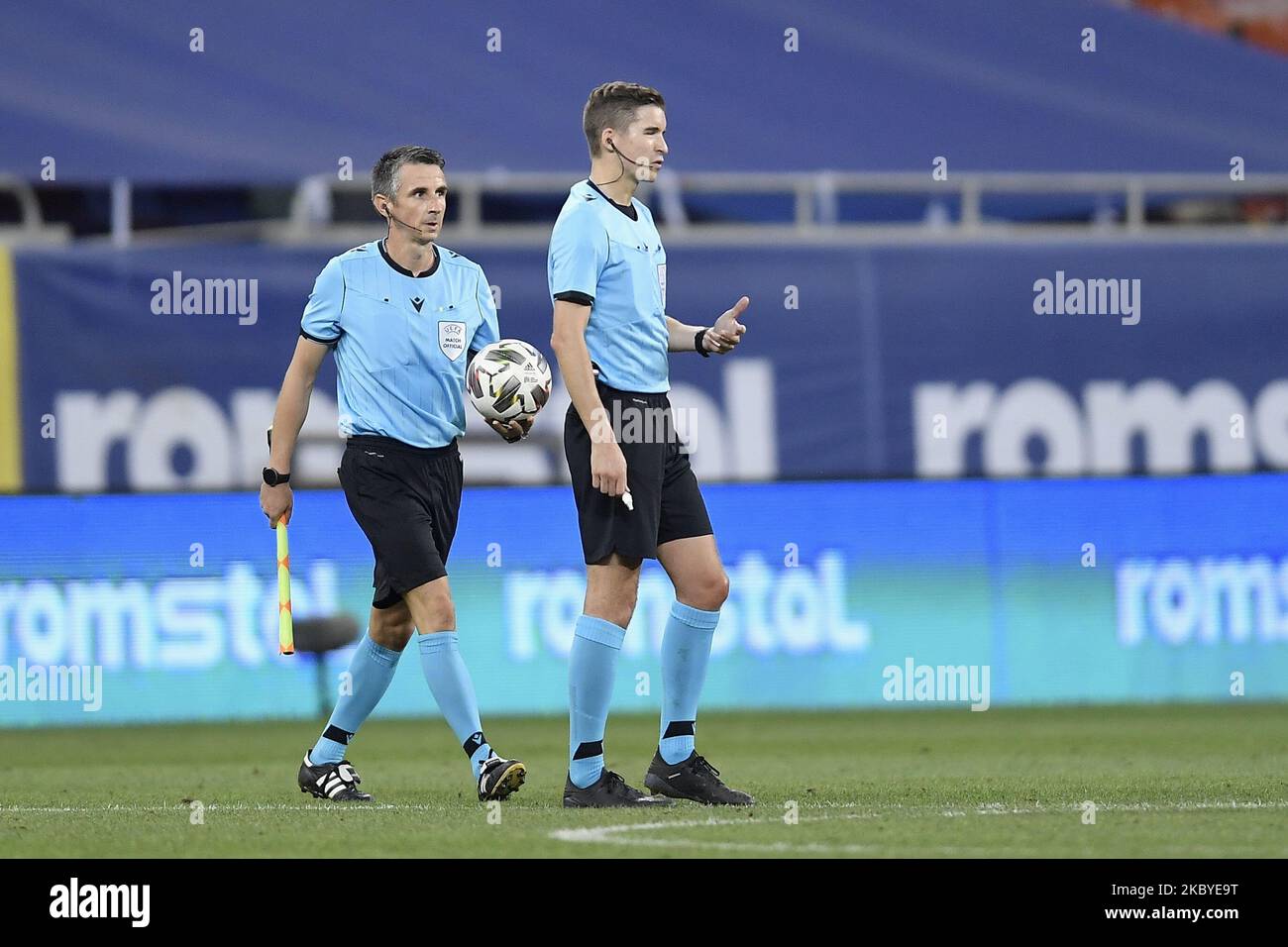 Referee Francois Letexier and Assistant referee Nicolas Maurice Danos during UEFA Nations League 2021 match between Romania and Northern Ireland at Arena Nationala, in Bucharest, Romania, on 4 September 2020. (Photo by Alex Nicodim/NurPhoto) Stock Photo