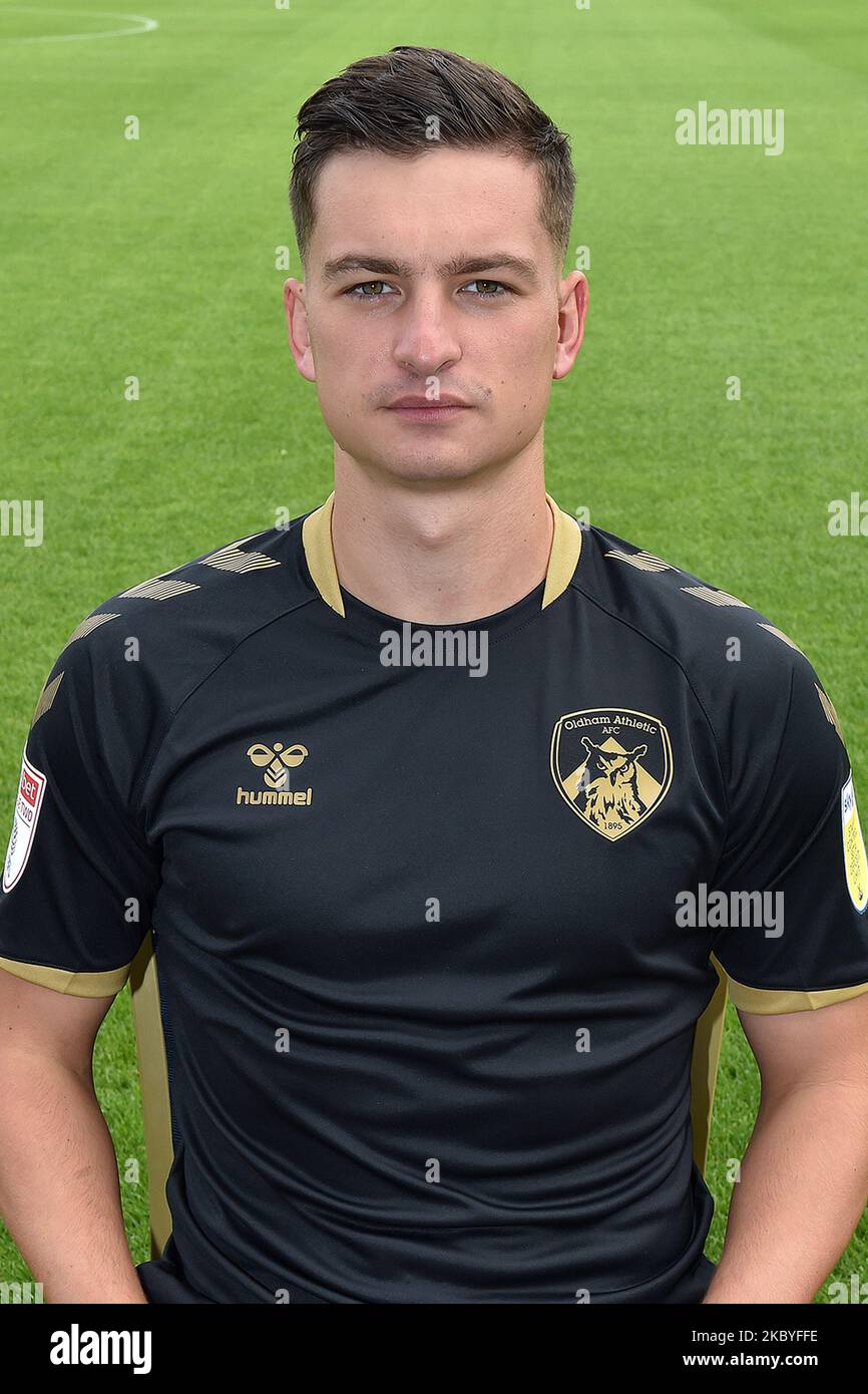 Zak Dearnley in the anniversary kit at the Odham Athletic photocall at Boundary Park, Oldham, England, on September 3, 2020. (Photo by Eddie Garvey/MI News/NurPhoto) Stock Photo