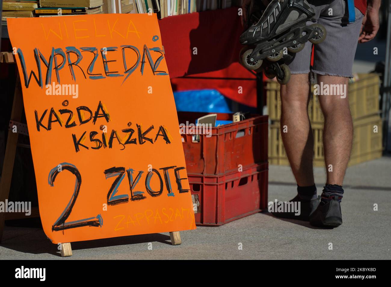 A poster saying 'Big Sale. Each book is 2 PZL' seen during the 3rd edition of Krakow Book Fair, organized at the Holy Spirit Square. On September 11, 2020, in Krakow, Poland. (Photo by Artur Widak/NurPhoto) Stock Photo