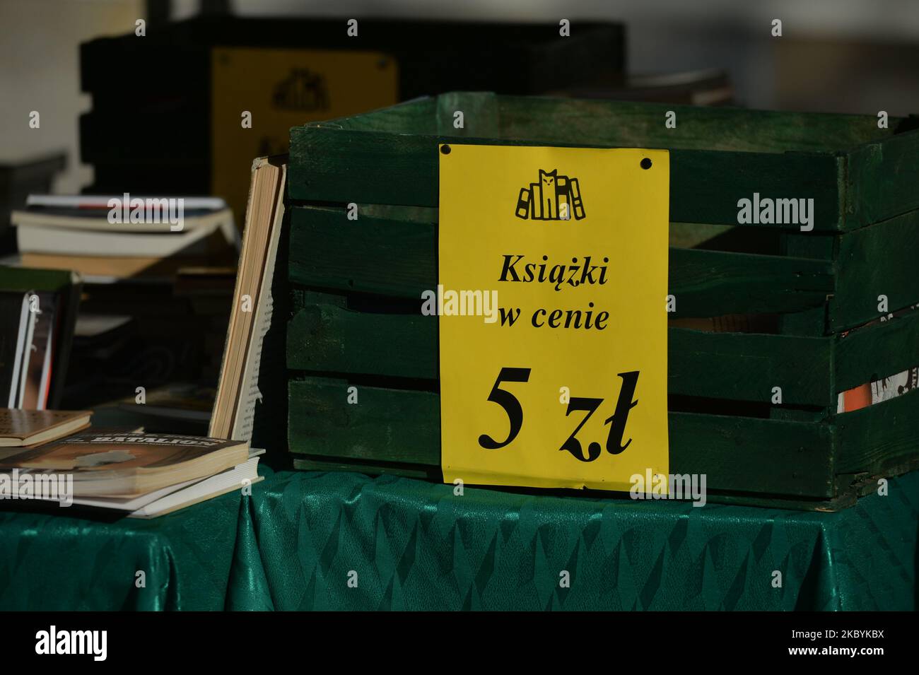 A box with a second hand books for sale for 5 PZL seen during the 3rd edition of Krakow Book Fair, organized at the Holy Spirit Square. On September 11, 2020, in Krakow, Poland. (Photo by Artur Widak/NurPhoto) Stock Photo