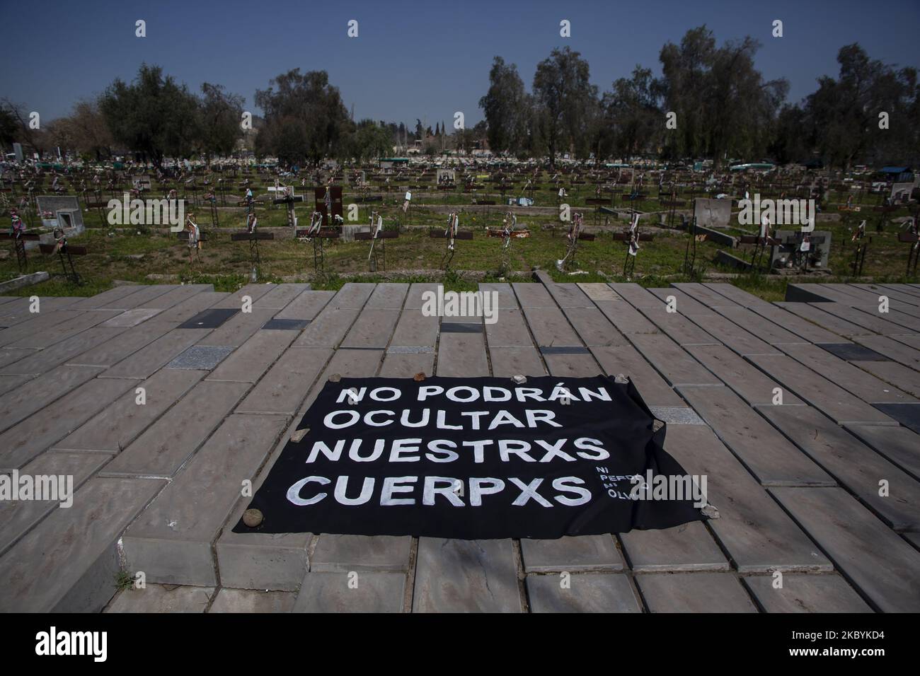 'They won't be able to hide our bodies,' a canvas left at the memorial of the victims of the dictatorship. In courtyard 29 of the general cemetery of Santiago de Chile, where you will find the remains of the victims. Many still un identified and 1,201 people still missing. Santiago de Chile. 11 September 2020 (Photo by Claudio Abarca Sandoval/NurPhoto) Stock Photo