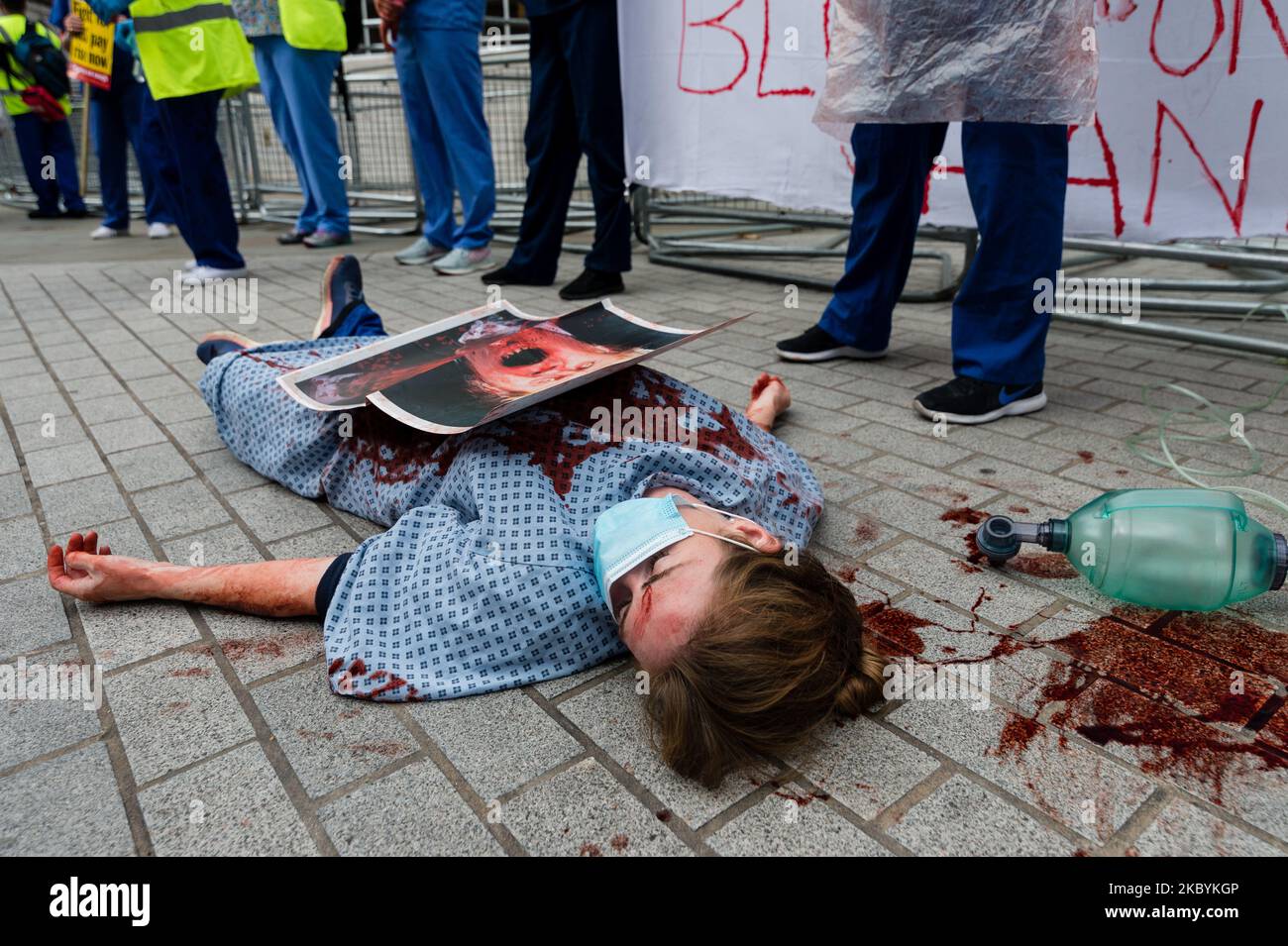 A nurse holds a placard as they demonstrate in front of BBC Broadcasting House in London, Britain, 12 September 2020. In July the government announced a pay rise for public sector workers. But many nurses, health care assistants, porters, and cleaners who worked so hard, despite the risks, have been overlooked in the public sector pay rise. (Photo by Maciek Musialek/NurPhoto) Stock Photo