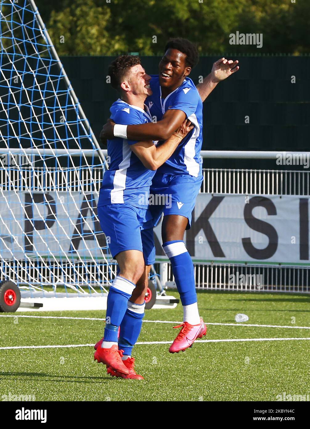 Joseph Agunbiade of Greys Atheltic celebrates Own Goal with Mitchel Hahn of Greys Atheltic during FA Cup - Preliminary Round between Grays Athletic and Witham Town at Parkside, Park Lane, Aveley, UK on 12th September 2020. (Photo by Action Foto Sport/NurPhoto) Stock Photo