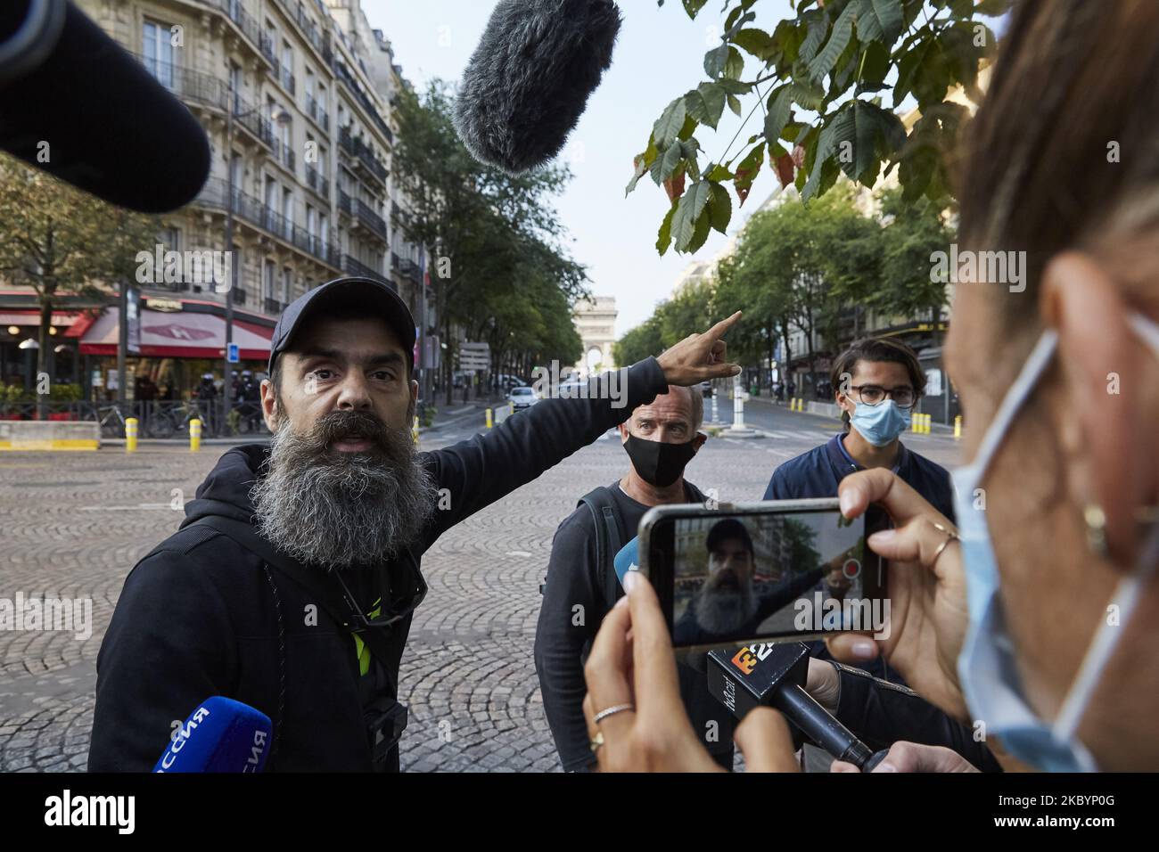 Jerome Rodrigues, one of the leading figures of the ''yellow vests'' (gilets jaunes) movement, to the press during a yellow vests movement protests in Paris, France on September 12, 2020. (Photo by Adnan Farzat/NurPhoto) Stock Photo