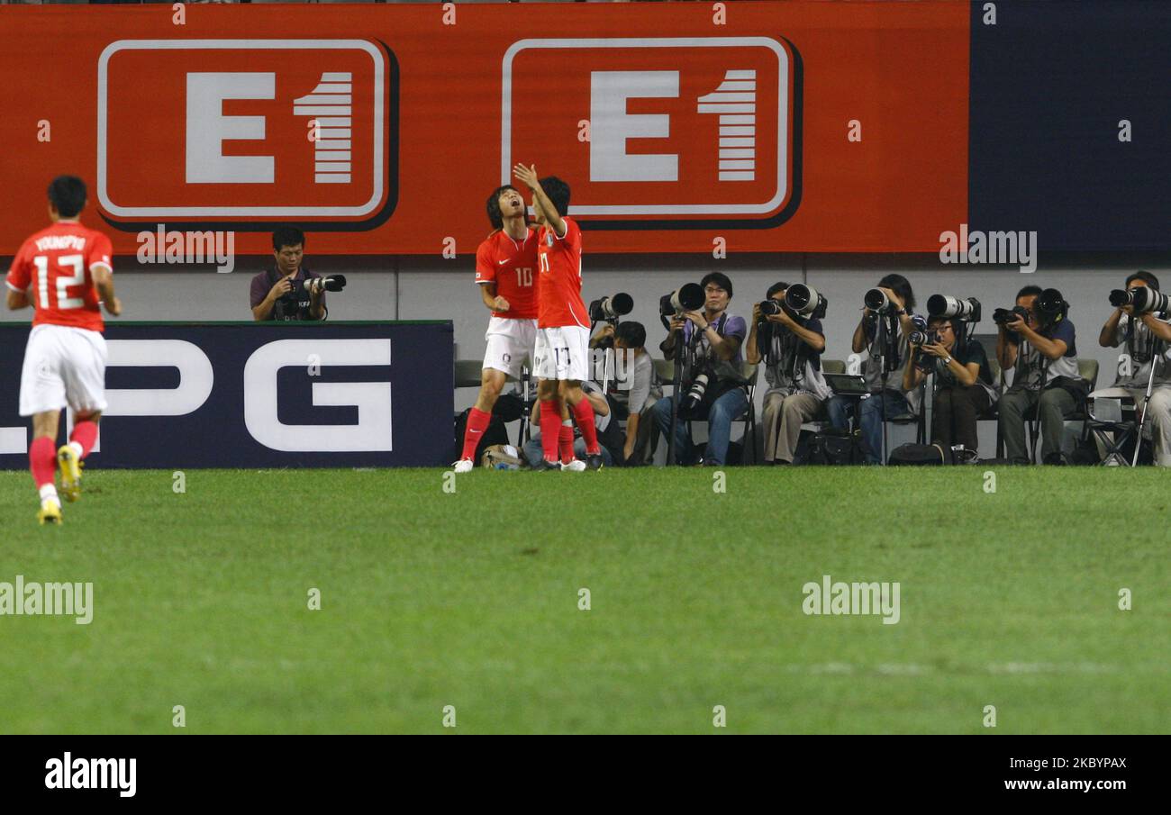 Park Chu-Young(L) of South Korea goal ceremony during the international friendly match between South Korea and the Australian Socceroos at Seoul World Cup Stadium on September 5, 2009 in Seoul, South Korea. (Photo by Seung-il Ryu/NurPhoto) Stock Photo