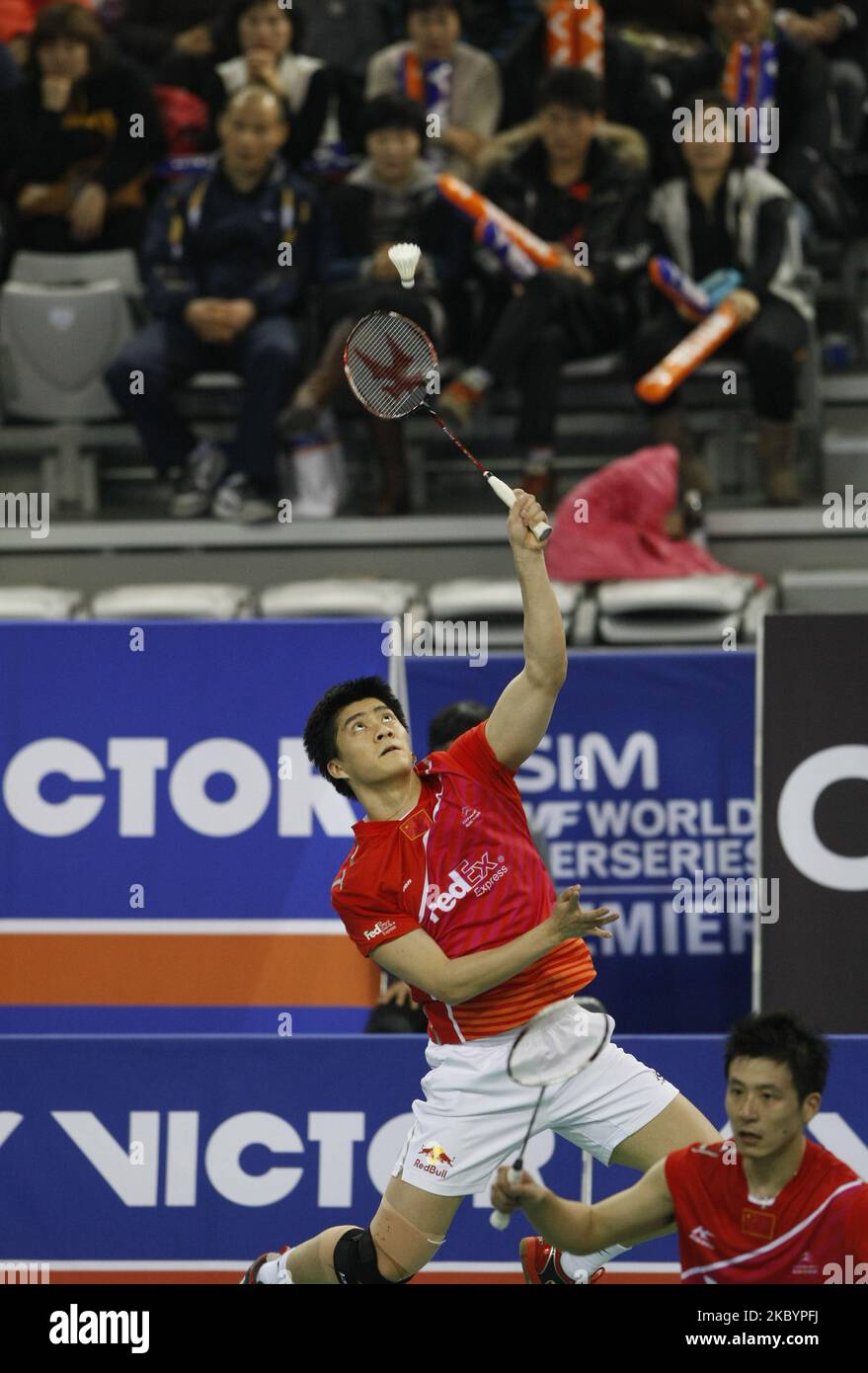 South Korea's Lee Yong Dae and Jung Jae Sung compete with China's Cai Yun(front) and Fu Haifeng(rear) in the man double final match at the Korea Open Badminton Super Series Premier in Olympic Park in Seoul, South Korea on 8 January 2012. China defeated South Korea 18-21, 21-17, 21-19. (Photo by Seung-il Ryu/NurPhoto) Stock Photo