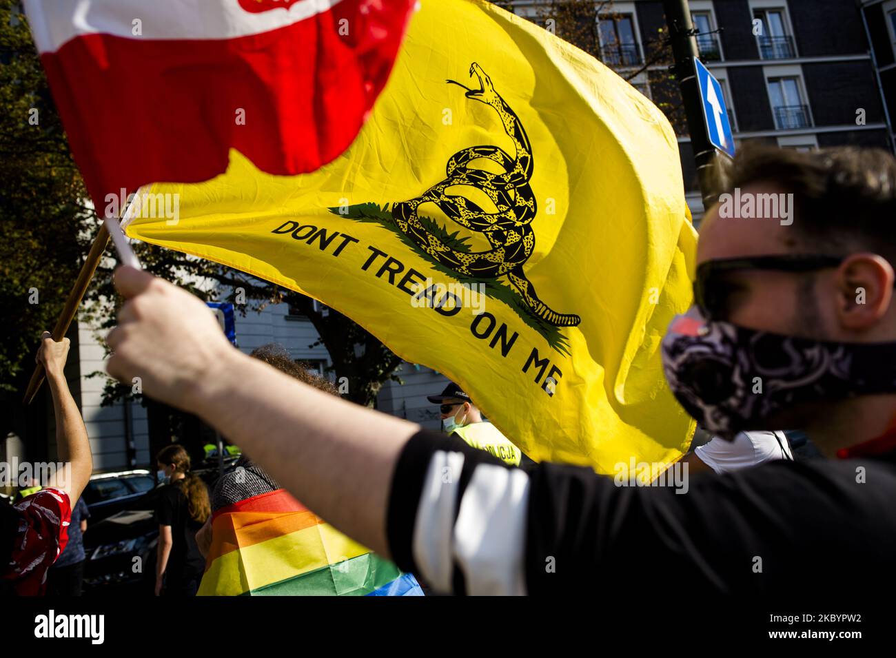 Young libertarians ('Youth of the Future') marched through Warsaw, Poland, on September 12, 2020 in demend for equal rights for everybody, free market, free marijuana and free marriage rights for everybody (thus including LGBT rights). On of their demands was also to remove gender distinguishing from the law, and replace it with ''citizen'' term. They also critisezed both sides of politics scene challanging far right for their nationalism, and leftists for their social programme. (Photo by Piotr Lapinski/NurPhoto) Stock Photo