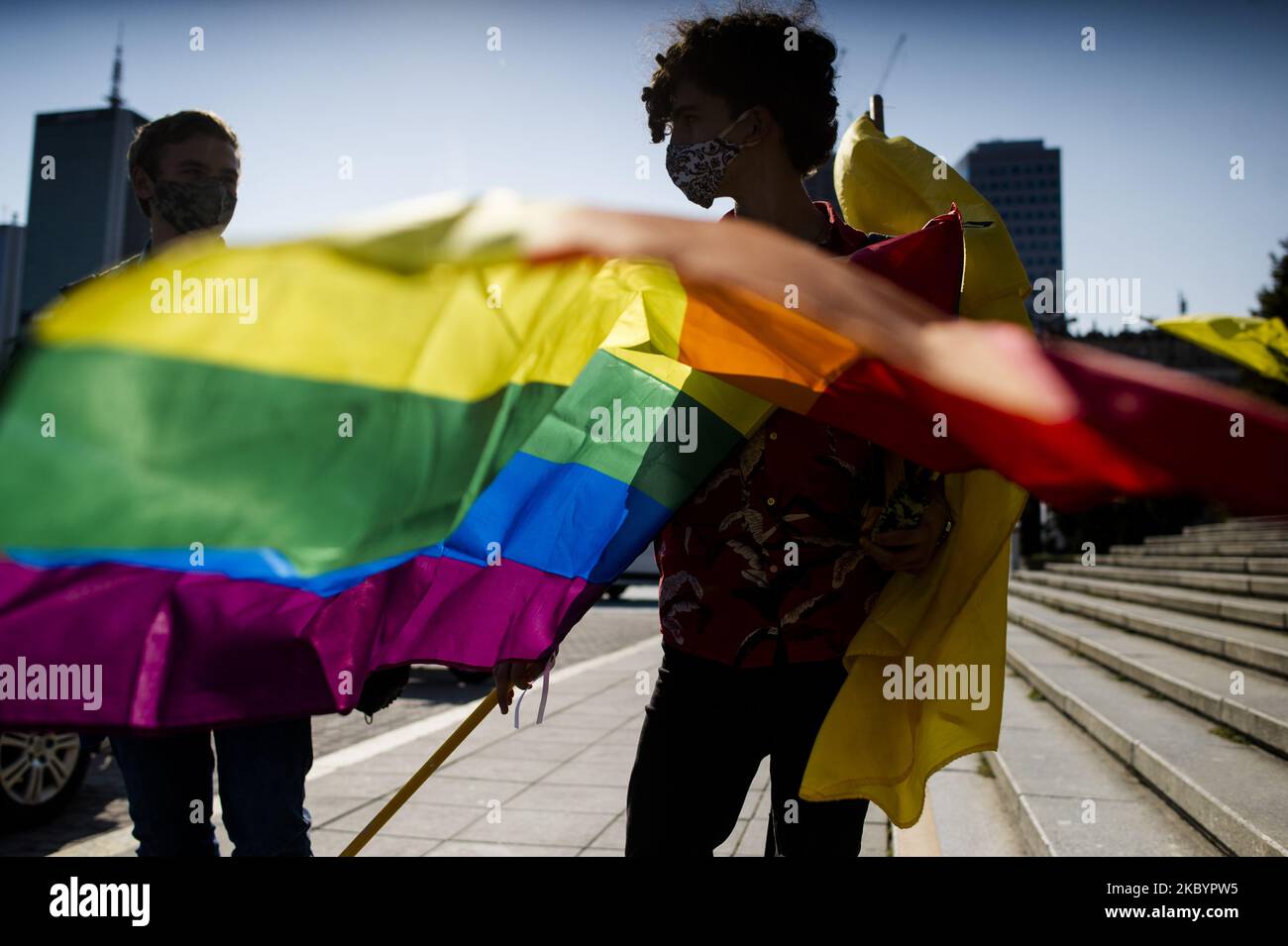 Young libertarians ('Youth of the Future') marched through Warsaw, Poland, on September 12, 2020 in demend for equal rights for everybody, free market, free marijuana and free marriage rights for everybody (thus including LGBT rights). On of their demands was also to remove gender distinguishing from the law, and replace it with ''citizen'' term. They also critisezed both sides of politics scene challanging far right for their nationalism, and leftists for their social programme. (Photo by Piotr Lapinski/NurPhoto) Stock Photo