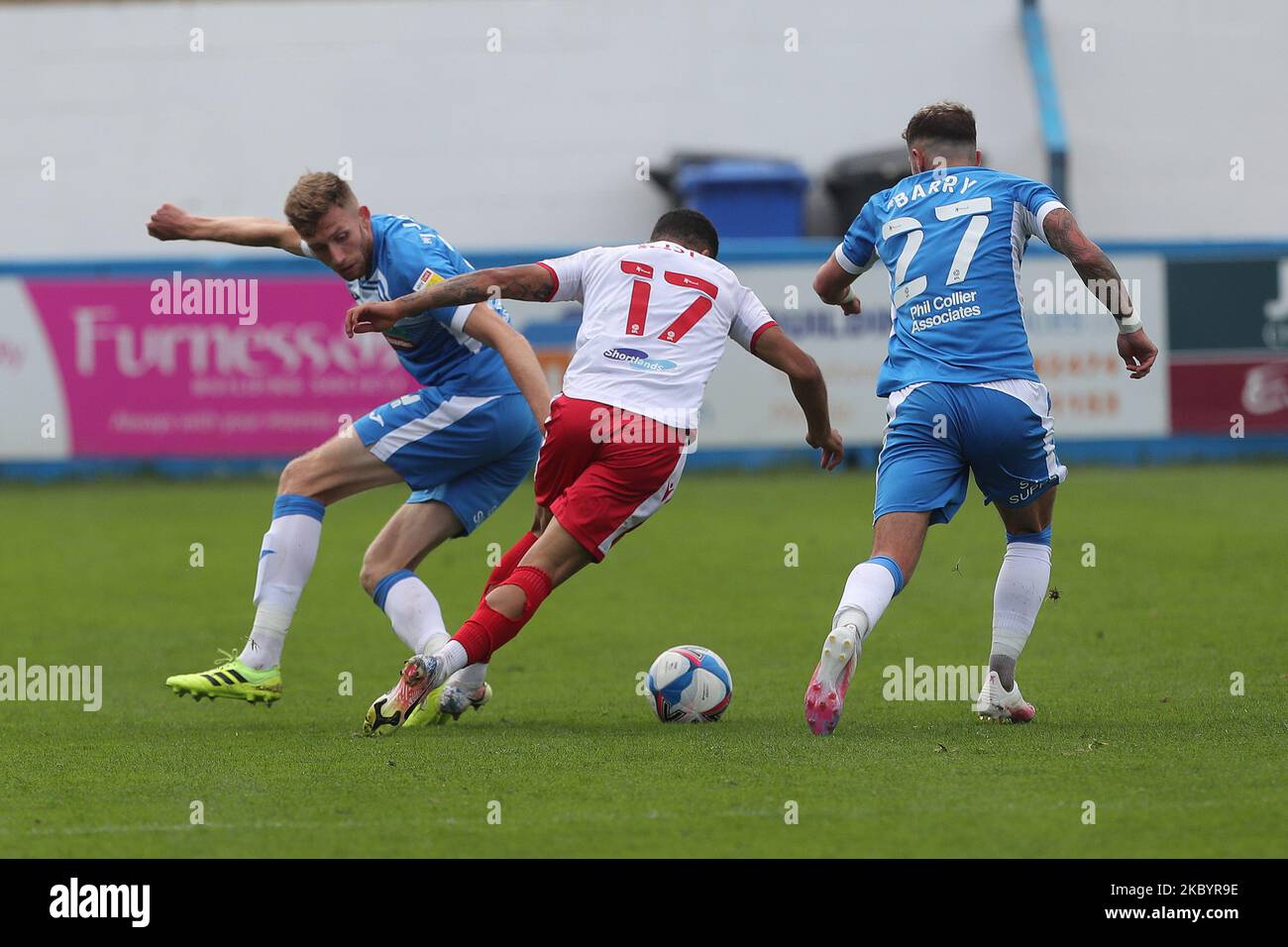 Stevenage's Elliott List in action with James Jones and Bradley Barry during the Sky Bet League 2 match between Barrow and Stevenage at the Holker Street, Barrow-in-Furness, England on 12th September 2020. (Photo by Mark Fletcher/MI News/NurPhoto) Stock Photo