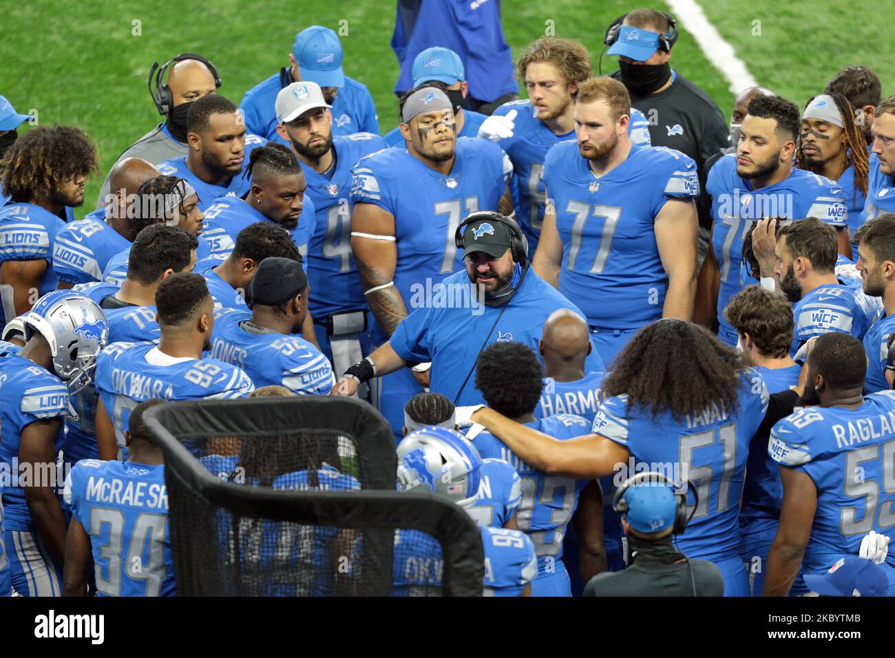 Detroit Lions head coach Matt Patricia talks to players during the first half of an NFL football game against the Chicago Bears in Detroit, Michigan USA, on Thusday, September 13, 2020 (Photo by Jorge Lemus/NurPhoto) Stock Photo