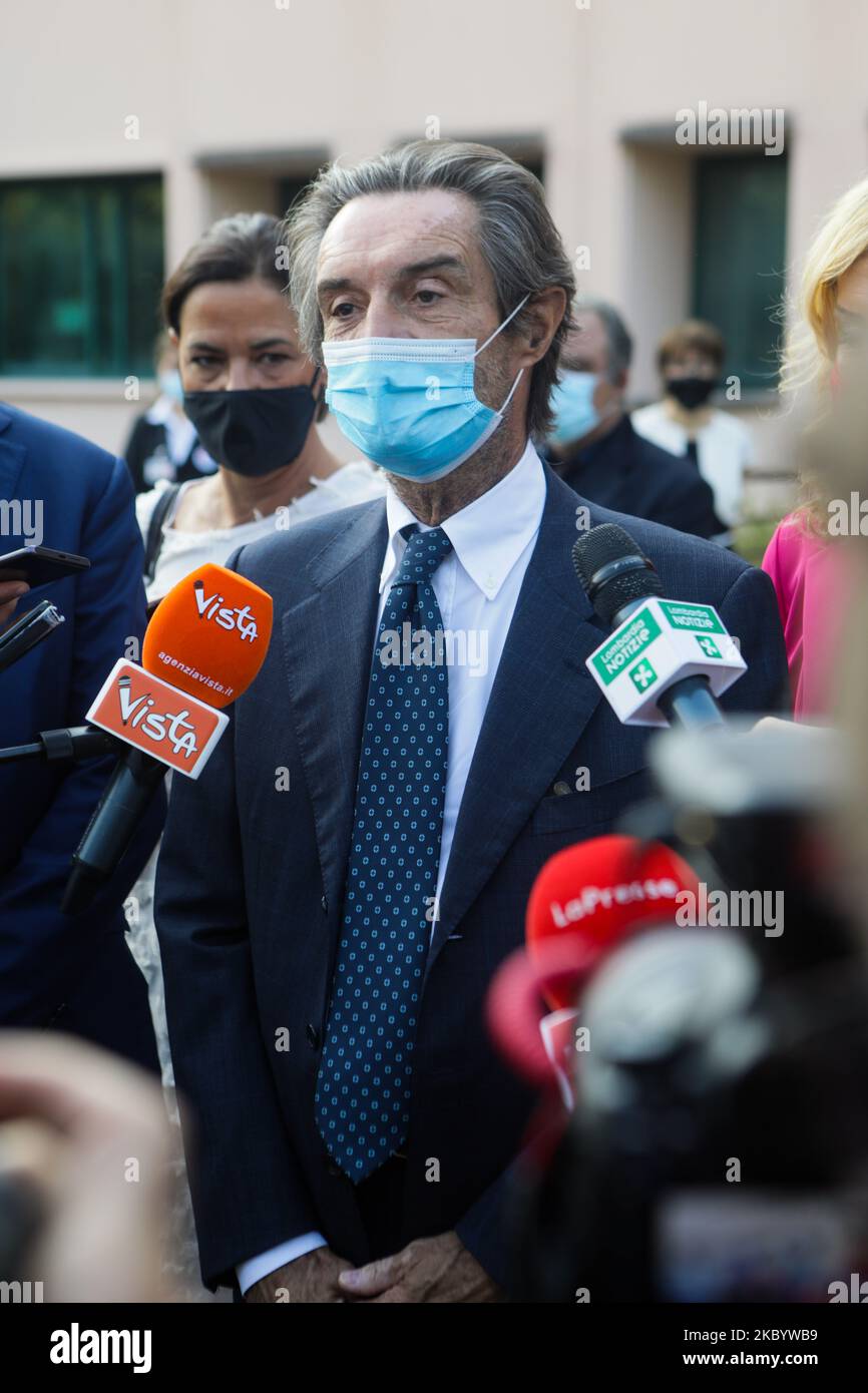 The President of Lombardy Region Attilio Fontana speaks to journalists during the visit to the Lagrange Institute in Milan during the reopening of schools after the forced closure due to the Coronavirus emergency in Italy, Milan, on September 14, 2020 (Photo by Mairo Cinquetti/NurPhoto) Stock Photo