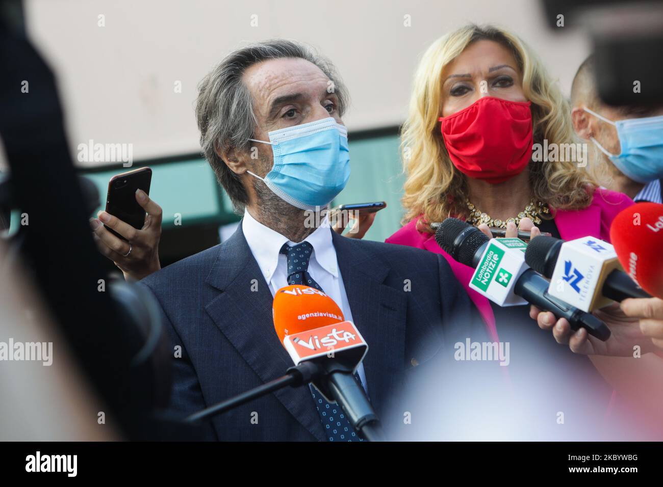 The President of Lombardy Region Attilio Fontana speaks to journalists during the visit to the Lagrange Institute in Milan during the reopening of schools after the forced closure due to the Coronavirus emergency in Italy, Milan, on September 14, 2020 (Photo by Mairo Cinquetti/NurPhoto) Stock Photo