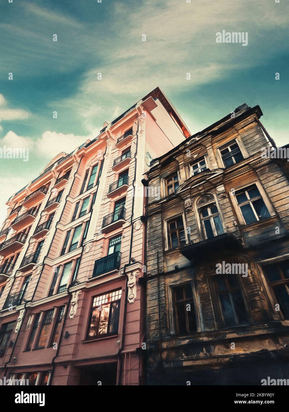 Two houses, old and new next to each other on the background of the sky with clouds