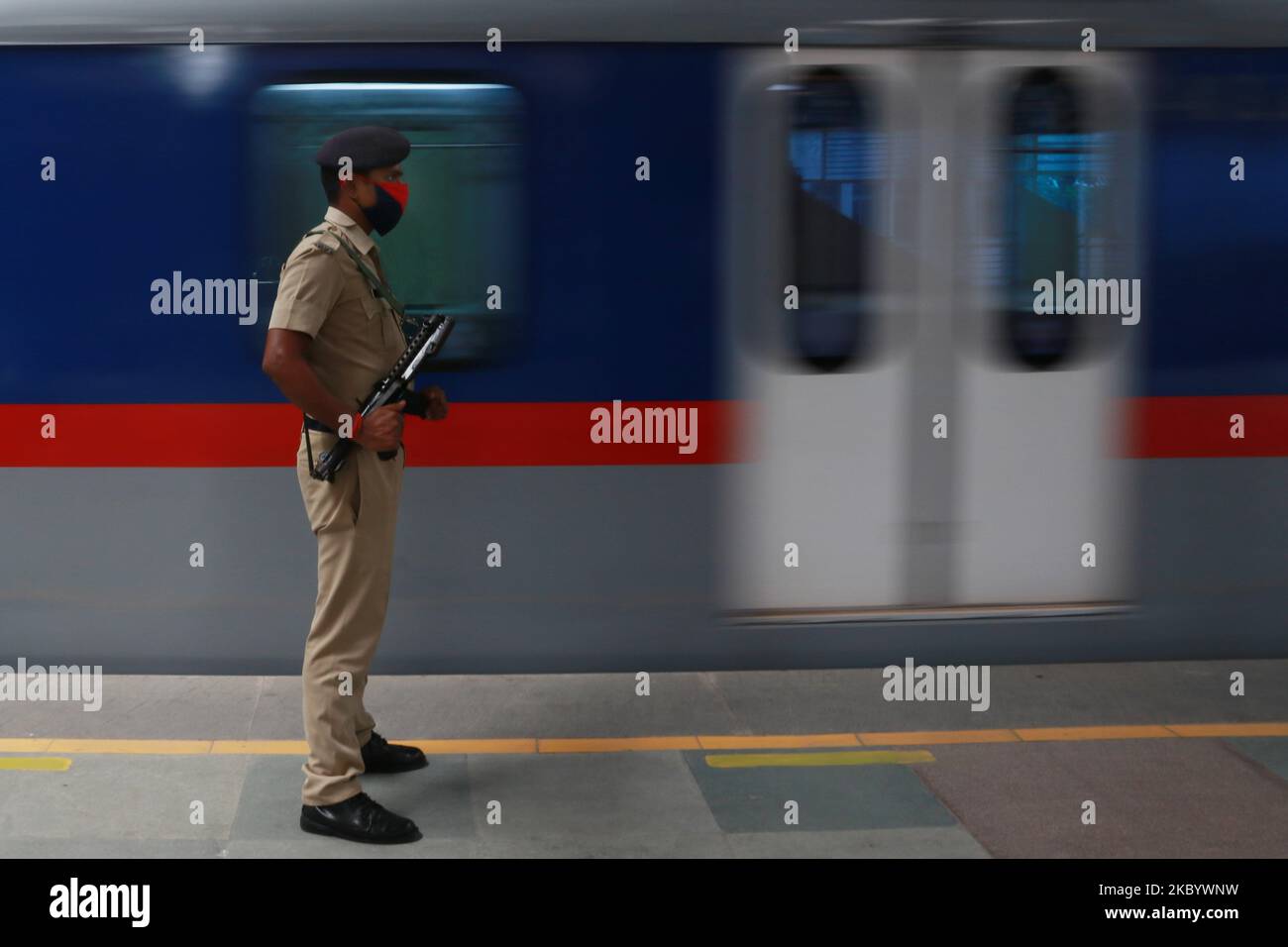 A Security Force jawan guard at Noyapara Metro Station as KOLKATA METRO
