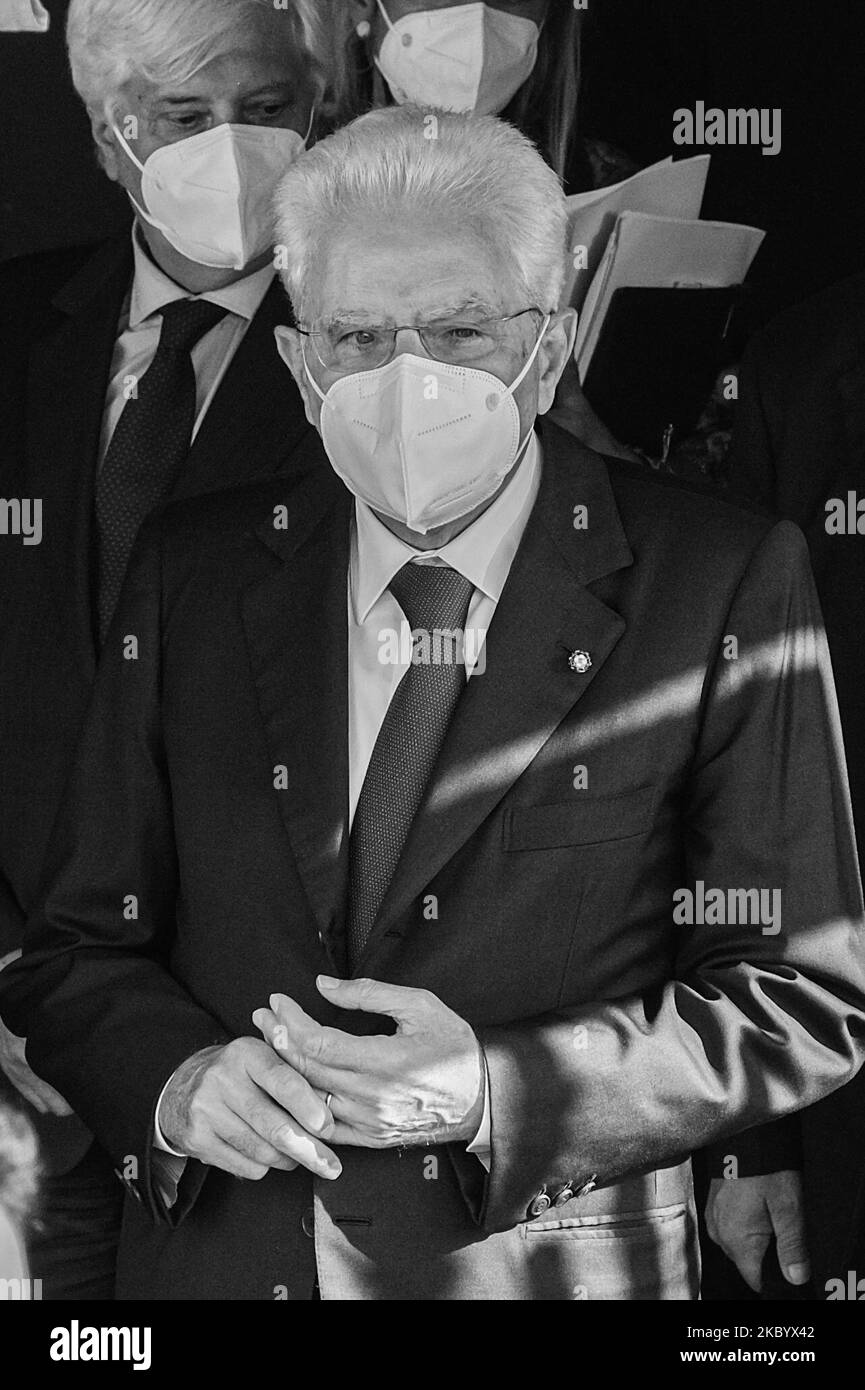 (EDITOR'S NOTE: Image was converted to black and white) The President of the Italian Republic Sergio Mattarella arrives, on the occasion of the reopening of schools and the start of the new school year, 'Tutti a scuola' (Everyone At School) event in Vo' Euganeo, Italy on September 14, 2020. (Photo by Roberto Silvino/NurPhoto) Stock Photo