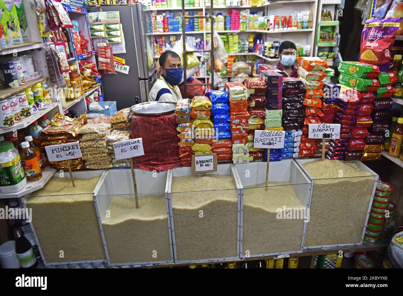 A grocery shop in Kolkata, India, 15 September, 2020. India’s annual retail inflation eased slightly in August as food inflation cooled, but remained above the upper end of the Reserve Bank of India’s (RBI) medium-term target for the fifth straight month according to an Indian media report. (Photo by Indranil Aditya/NurPhoto) Stock Photo