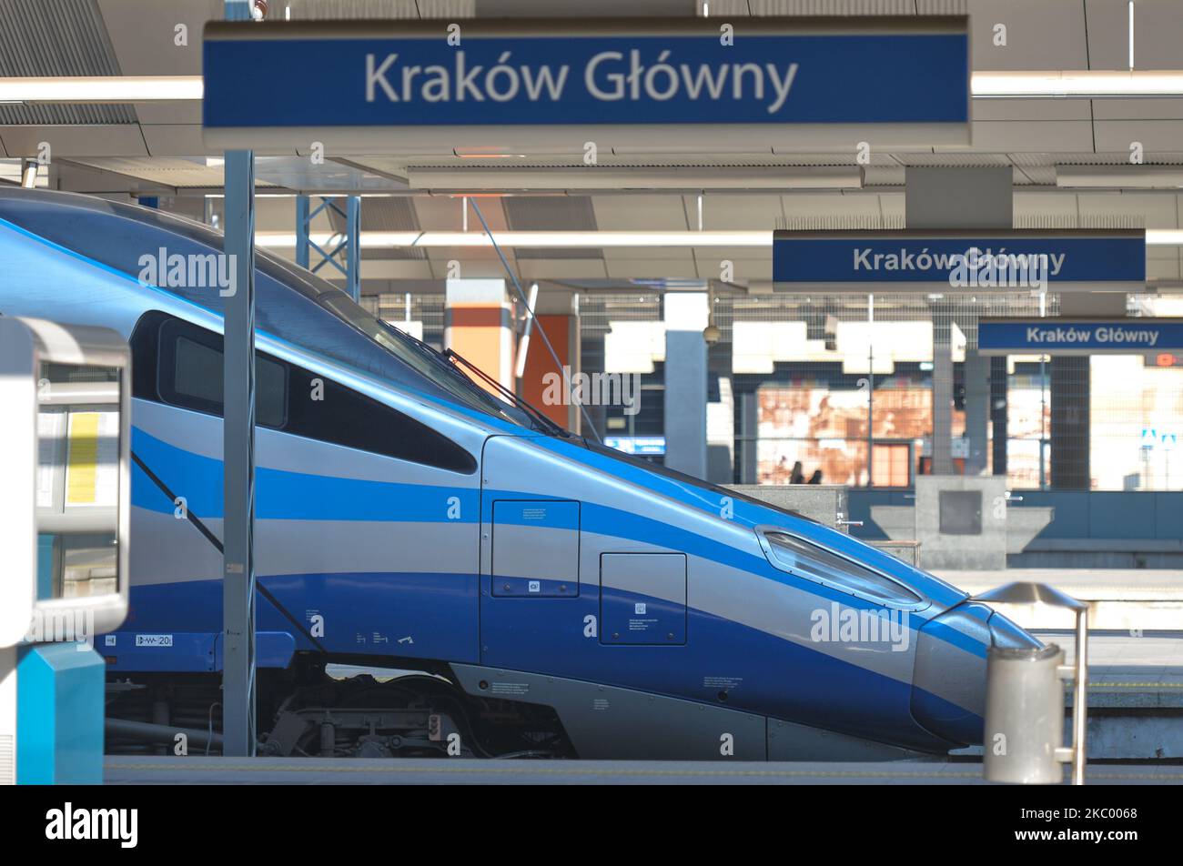 PKP Intercity Pendolino train seen at the main station in Krakow. On September 15, 2020, in Krakow, Poland. (Photo by Artur Widak/NurPhoto) Stock Photo