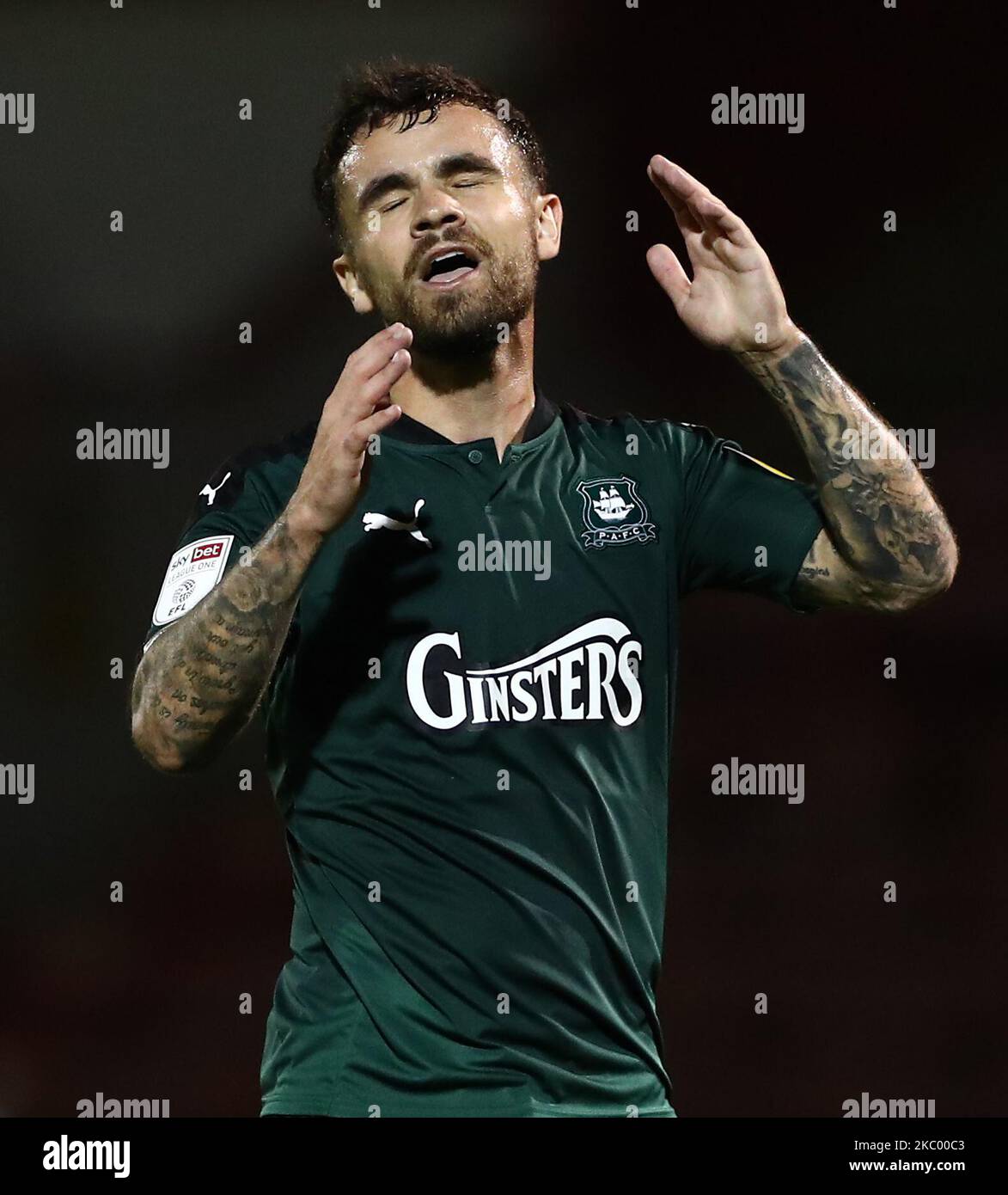 Dominic Telford of Plymouth Argyle reacts during the Carabao Cup match between Leyton Orient and Plymouth Argyle at the Matchroom Stadium, London, England. (Photo by Jacques Feeney/MI News/NurPhoto) Stock Photo