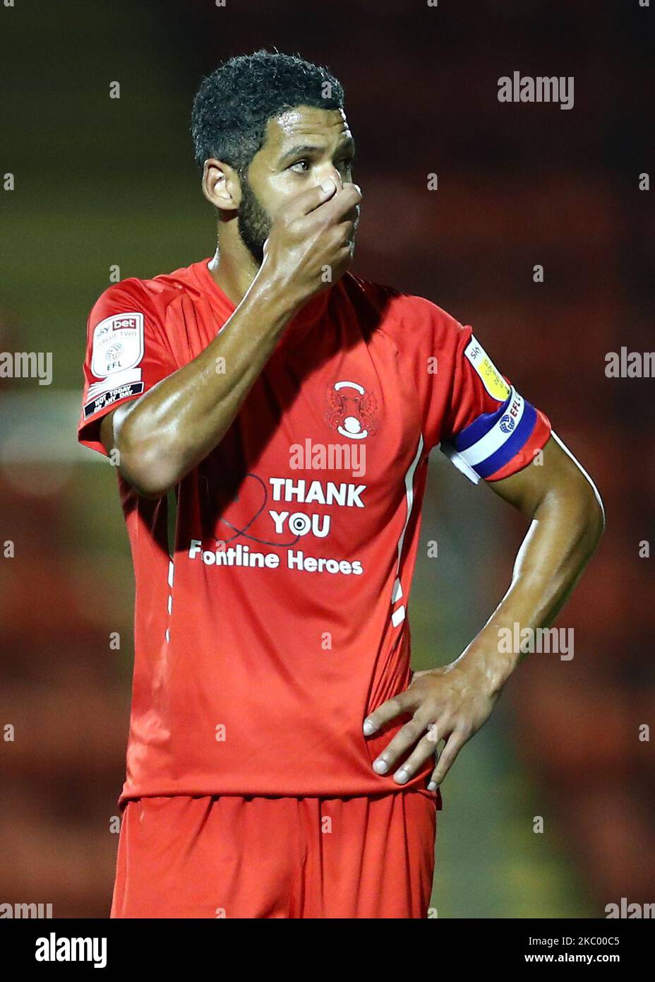 Jobi Mcanuff of Leyton Orient reacts during the Carabao Cup match between Leyton Orient and Plymouth Argyle at the Matchroom Stadium, London, England. (Photo by Jacques Feeney/MI News/NurPhoto) Stock Photo