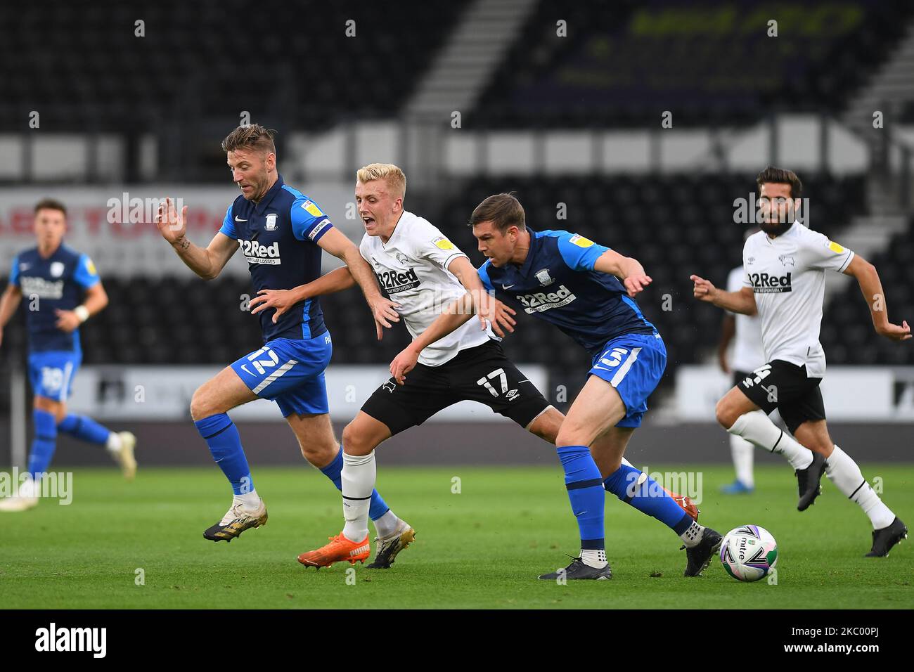 Louie Sibley of Derby County battles with Paul Huntington of Preston and Paul Gallagher of Preston during the Carabao Cup match between Derby County and Preston North End at the Pride Park, Derby, England. (Photo by Jon Hobley/MI News/NurPhoto) Stock Photo