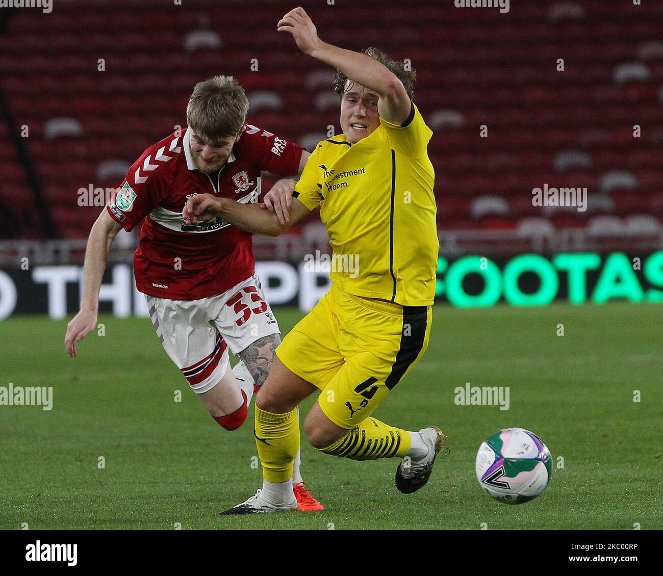 Hayden Coulson of Middlesbrough in action with Barnsley's Callum Styles during the Carabao Cup match between Middlesbrough and Barnsley at the Riverside Stadium, Middlesbrough. (Photo by Mark Fletcher/MI News/NurPhoto) Stock Photo