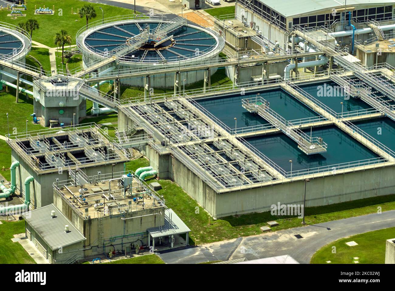 Aerial view of modern water cleaning facility at urban wastewater