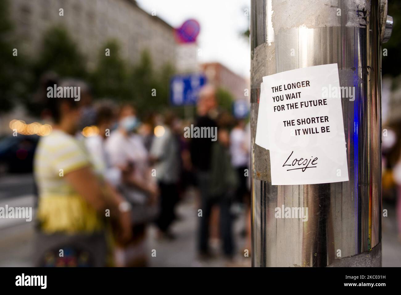 After Moria refugee camp burned to the ground in Greece, a group of pro-refugee and anti-rascism activists and their supporters gathered in Warsaw, Poland, on September 16, 2020 to show solidarity with Moria refugees.(Photo by Piotr Lapinski/NurPhoto) Stock Photo