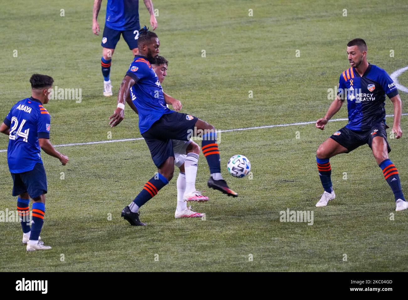 FC Cincinnati defender and team captain, Kendall Waston, clears the ball from goal during a MLS soccer match between FC Cincinnati and the Chicago Fire that ended in a 0-0 draw at Nippert Stadium, Wednesday, September 2nd, 2020, in Cincinnati, OH. (Photo by Jason Whitman/NurPhoto) Stock Photo