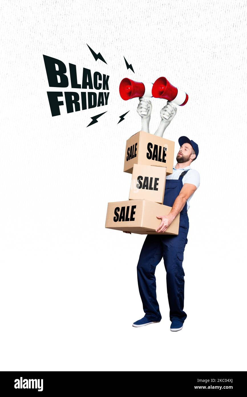 Collage photo of delivery man hold big order boxes sell discount hands
