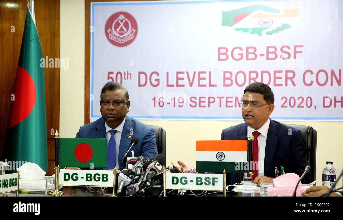 Director General of the BSF, Rakesh Asthana (R) attends BSF-BGB Border Conference Indian Border Security in Dhaka, Bangladesh, on September 19, 2020. Force had reiterated its policy of using non-lethal weapons on the Bangladesh-India border.The BSF made the assurance in response to the concerns expressed by Border Guard Bangladesh on border killings. During the talks, BGB made it clear that there is no camp of any Indian insurgent group in Bangladesh. (Photo by Sony Ramany/NurPhoto) Stock Photo