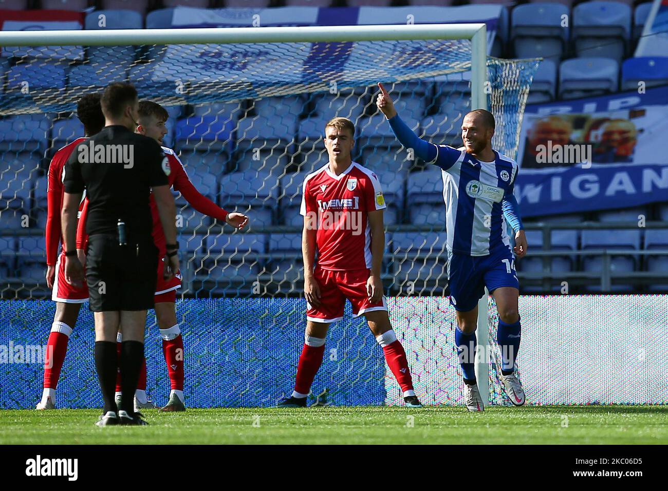 Wigans Joe Garner celebrates scoring to make it 1-0 during the Sky Bet League 1 match between Wigan Athletic and Gillingham at the DW Stadium, Wigan, England, on September 19, 2020. (Photo by Chris Donnelly/MI News/NurPhoto) Stock Photo