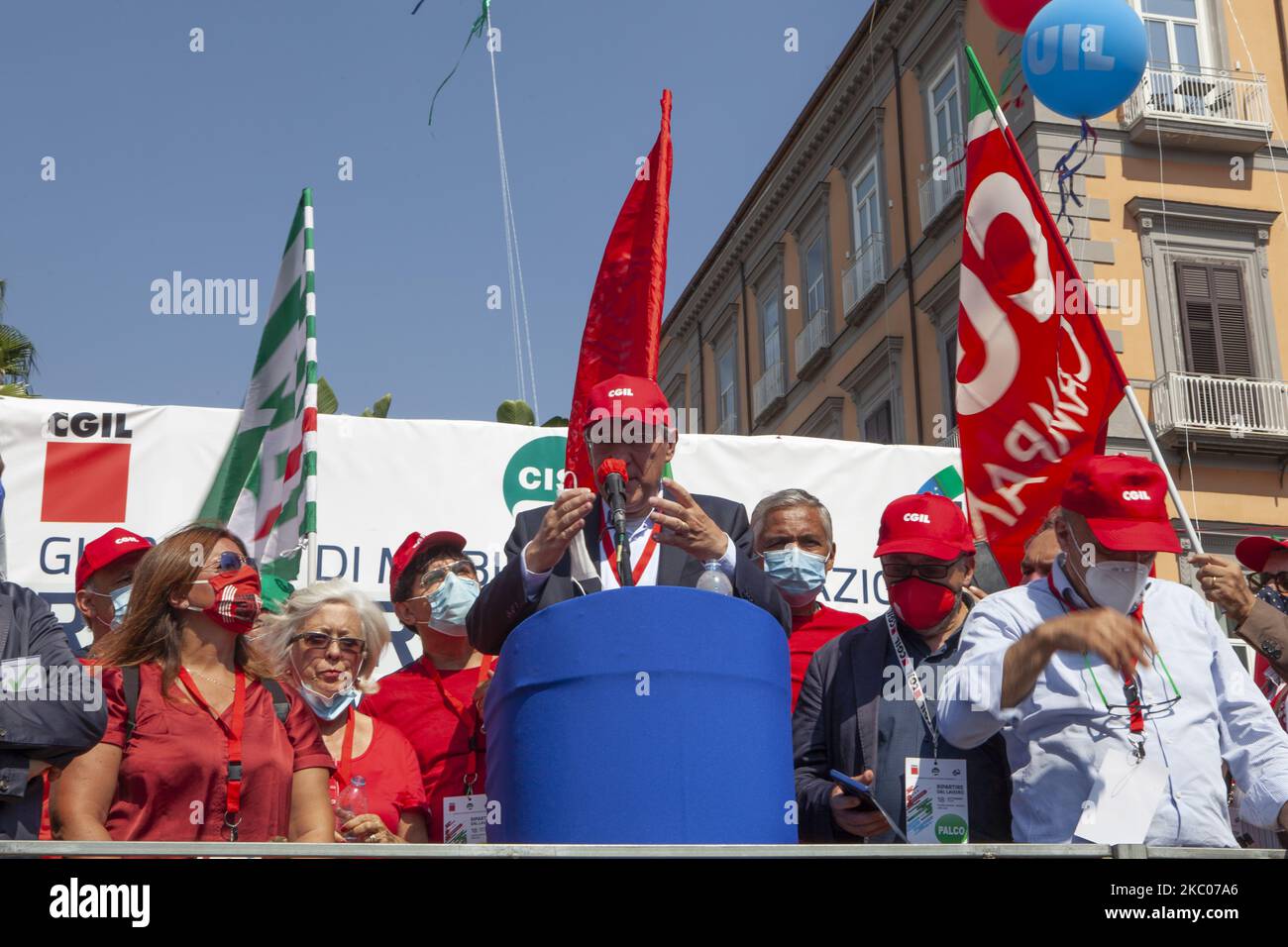 The secretary of the Cgil Maurizio Landini speaks during the demonstration of Trade Unions CGIL, CISL And UIL In Naples, Italy, on September 18, 2020. (Photo by Stephane Rouppert/NurPhoto) Stock Photo