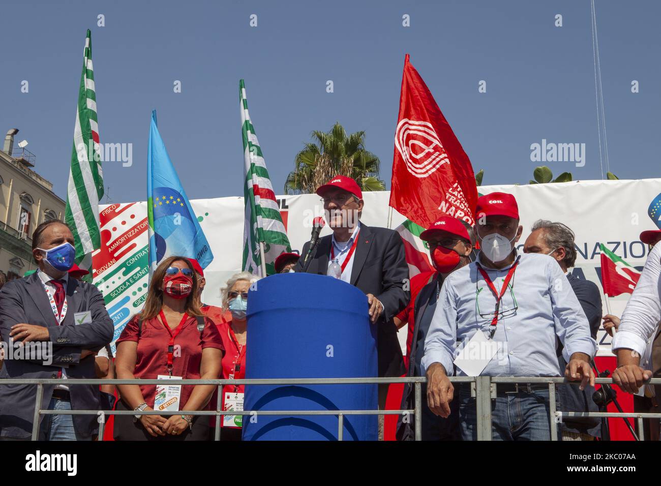 The secretary of the Cgil Maurizio Landini speaks during the demonstration of Trade Unions CGIL, CISL And UIL In Naples, Italy, on September 18, 2020. (Photo by Stephane Rouppert/NurPhoto) Stock Photo