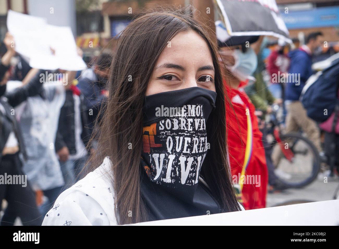 A person protests against the National Police and other policies of the Government of Colombia (Photo by Daniel Garzon Herazo/NurPhoto) Stock Photo