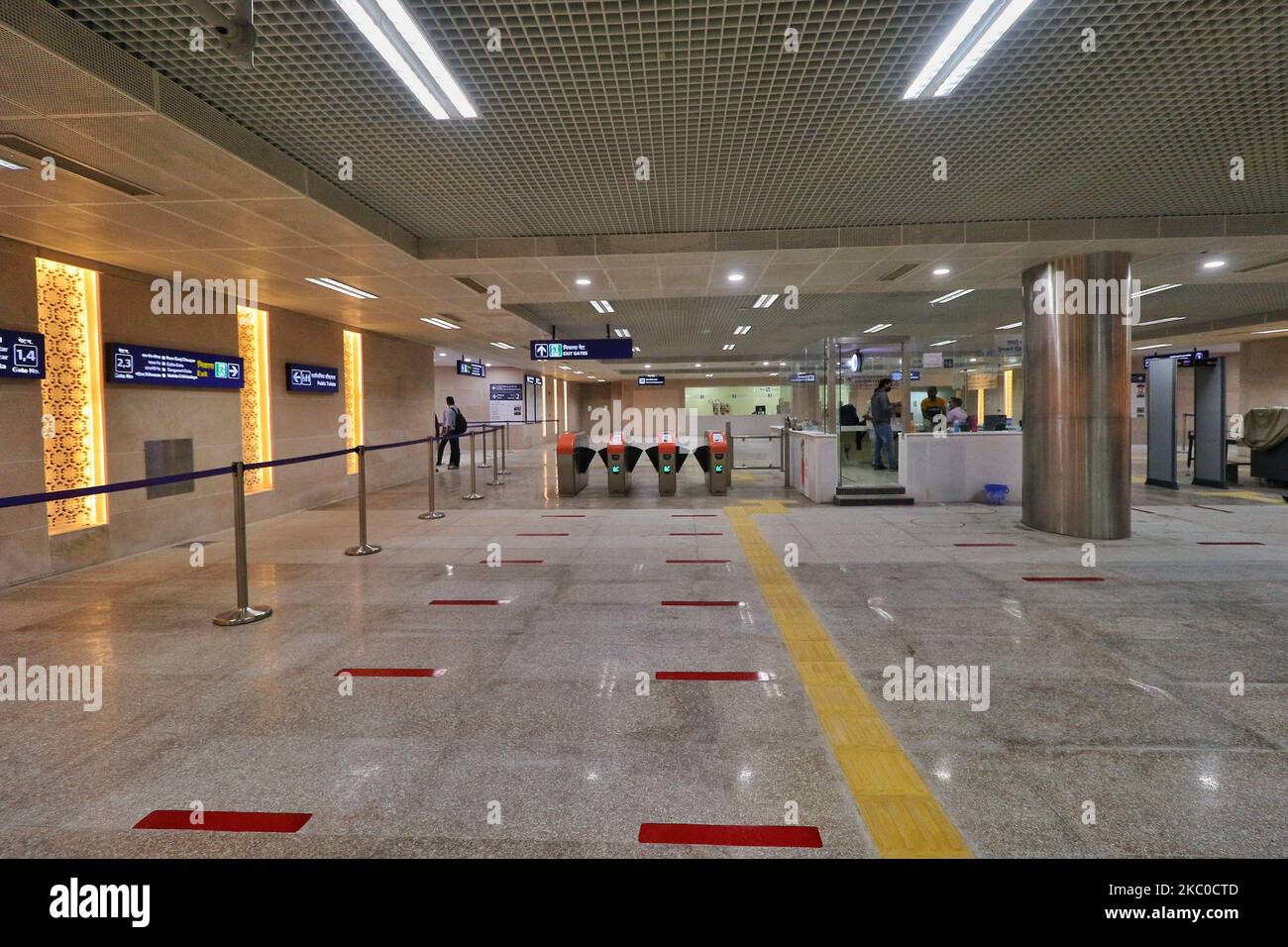 A view of underground Jaipur Metro Station ahead of resumption of services with certain restrictions during Unlock 4, at Badi Chaupar station in Jaipur, Rajasthan,India, Tuesday, Sept. 22, 2020. Rajasthan Chief Minister Ashok Gehlot is expected to virtually inaugurate the newly constructed underground Chandpole-Badi Chaupar corridor (Photo by Vishal Bhatnagar/NurPhoto) Stock Photo