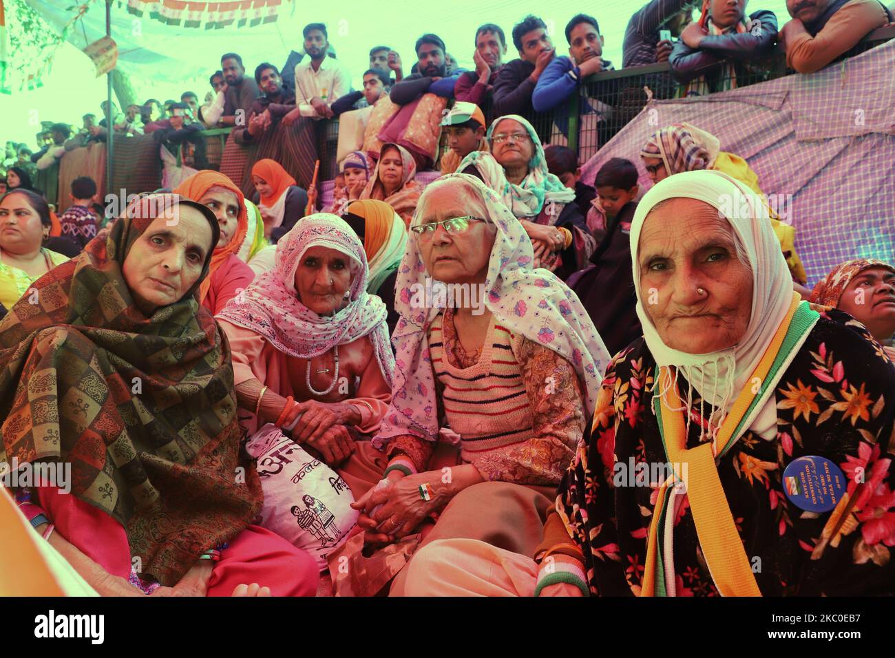 Bilkis, 80, (2nd Left)the Shaheen Bagh â€˜dadiâ€™ listed among TIMEâ€™s most influential people of 2020. Picture taken at Shaheen Bagh, New Delhi during CAA Protests on 02 February 2020 (Photo by Nasir Kachroo/NurPhoto) Stock Photo