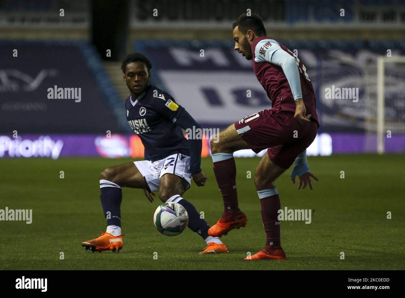 Mahlon Romeo of Millwall and Dwight Macneil of Burnley during the Carabao Cup match between Millwall and Burnley at The Den, London, England on 23rd September 2020. (Photo by Tom West/MI News/NurPhoto) Stock Photo