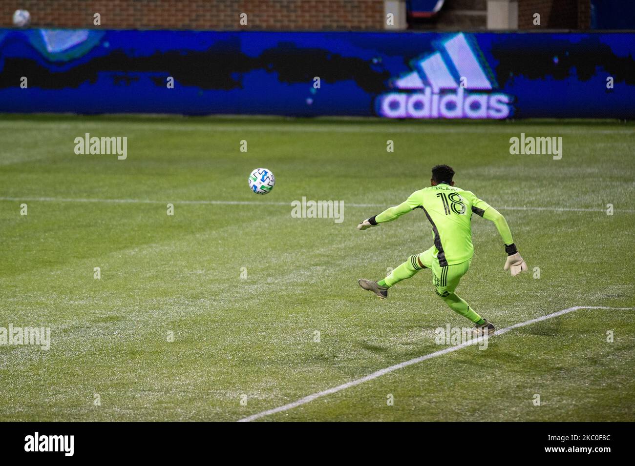 Philadelphia Union goalkeeper, Andre Blake, clears a ball from goal during a MLS soccer match between FC Cincinnati and the Philadelphia Union that ended in a 0-0 draw at Nippert Stadium, Wednesday, September 23rd, 2020, in Cincinnati, OH. (Photo by Jason Whitman/NurPhoto) Stock Photo